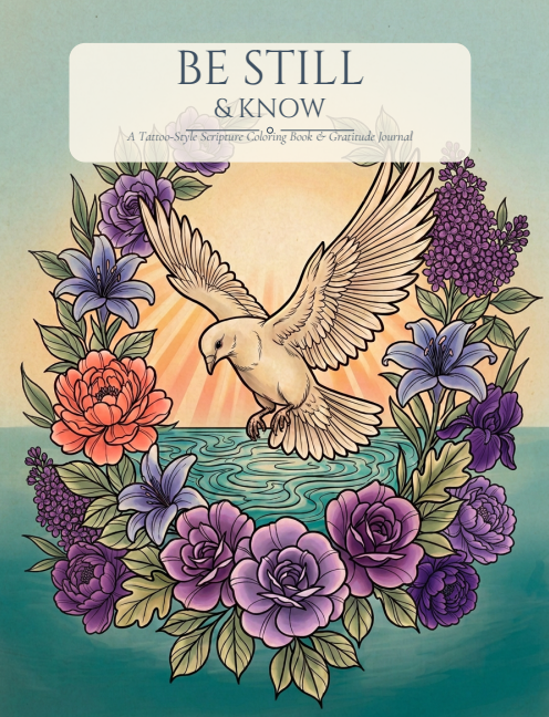 Front cover of Be Still & Know, a tattoo-style scripture coloring book and gratitude journal