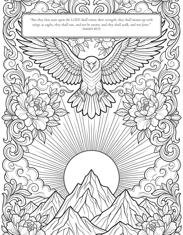 Sample interior page: tattoo-style line art with Isaiah 40:31