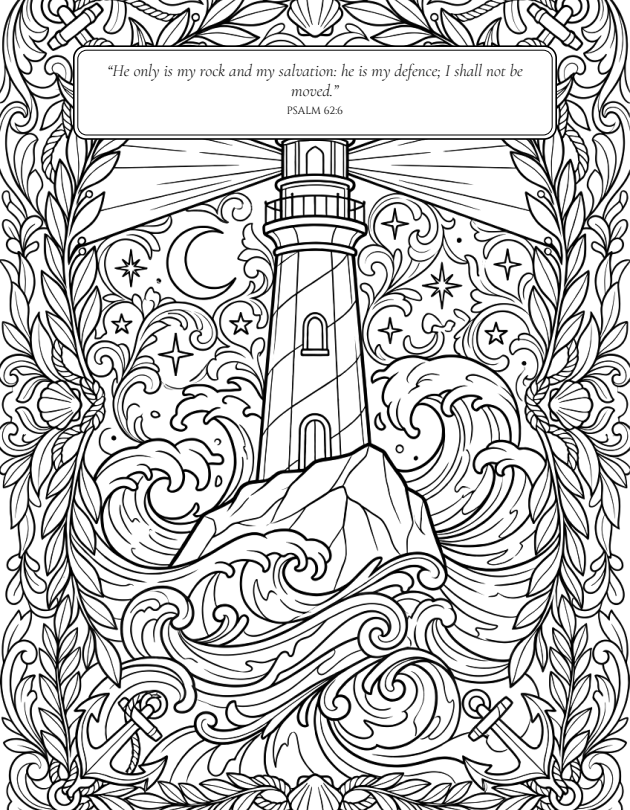 Sample interior page: tattoo-style line art with Psalm 62:6