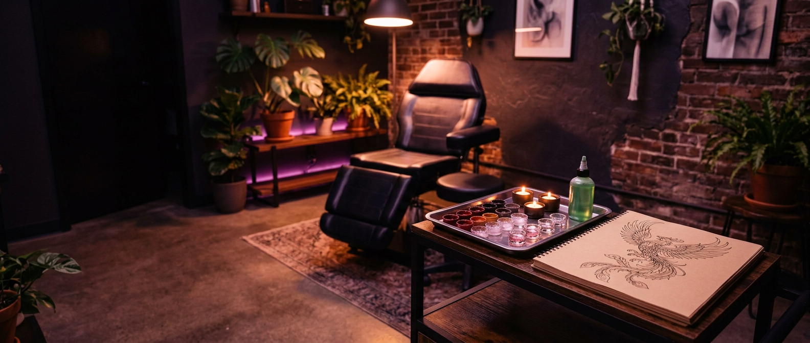 The private studio suite at dusk: a black tattoo chair, ember-toned inks and a phoenix sketch on the table