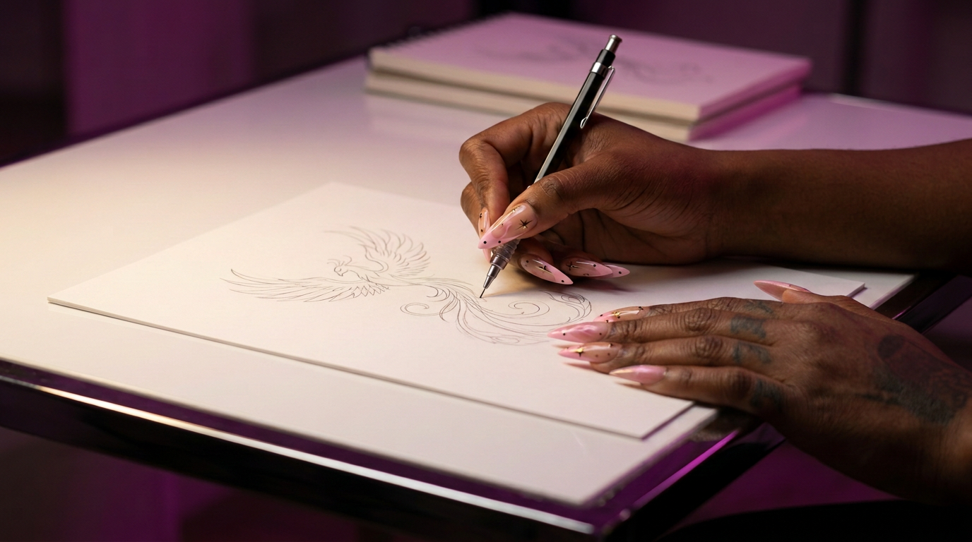 Artist's hands with pink stiletto nails sketching a fine-line phoenix on a modern chrome drawing desk