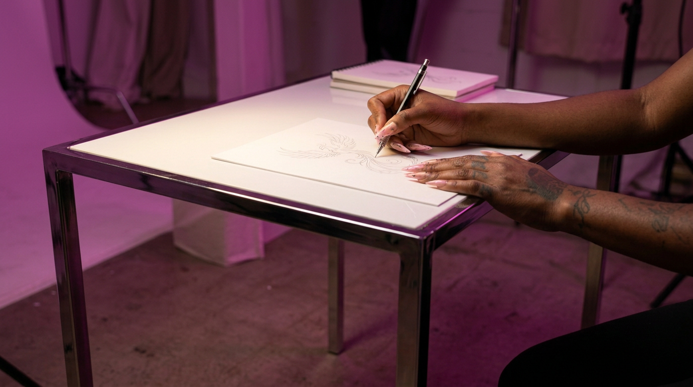 Artist's hands with pink stiletto nails sketching a fine-line phoenix at a white chrome-legged drawing desk